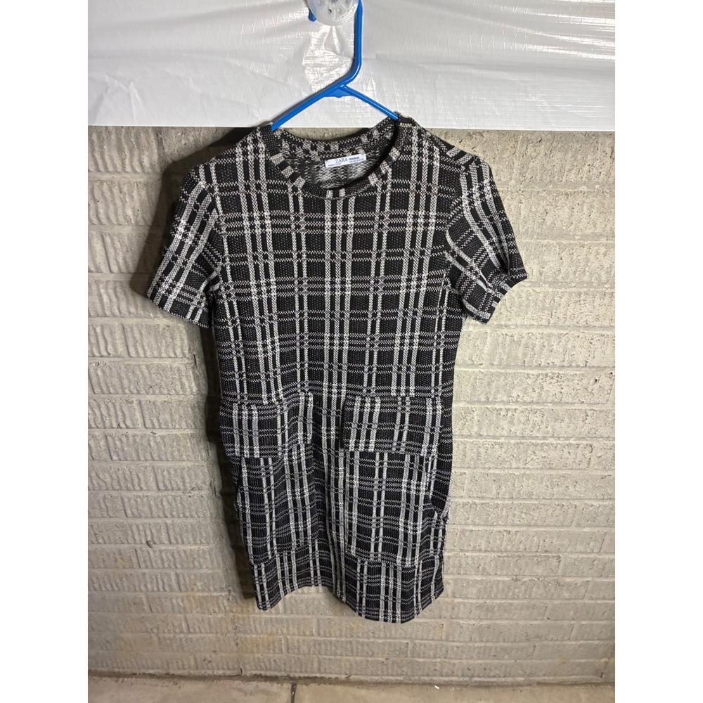 ZARA Women's Plaid Knit Mini Dress Short Sleeve Black White Size‎ S